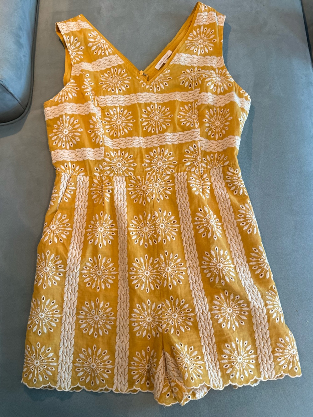 Yellow Embroidered Romper with V-Neck